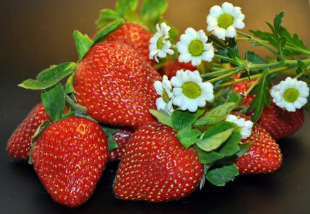 Strawberries and flowers - summer, red, delicate, pretty, flowers, spring, fruits, delicious, still life, yummy, strawberries, nice, lovely, daisies, nature