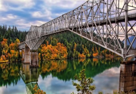 Bridge reflection - calm, summer, calmness, shore, mirror, riverbank, hdr, lake, sky, clouds, trees, water, beautiful, lakeshore, colorful, river, nature, autumn, bridge