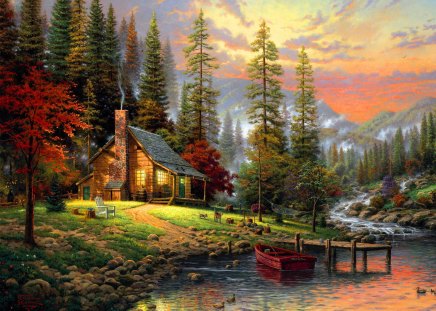 Beautiful house on the river - pretty, calm, summer, cabin, stream, grass, forest, light, reflection, mountain, calmness, countryside, riverbank, nice, cottage, house, water, beautiful, morning, lovely, rest, tree, afternoon, river, nature, painting, bridge