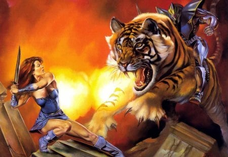 WARRIOR GIRL & THE BATTLE CAT - fights, victory, knights, defeat, battles, girls, fire, cats, tigers