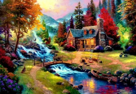 A peaceful day in countryside - calm, summer, cabin, creek, stream, reflection, mountain, calmness, deers, countryside, shore, fire, riverbank, cottage, sky, clouds, house, trees, beauty, colorful, river, wooden, nature, painting