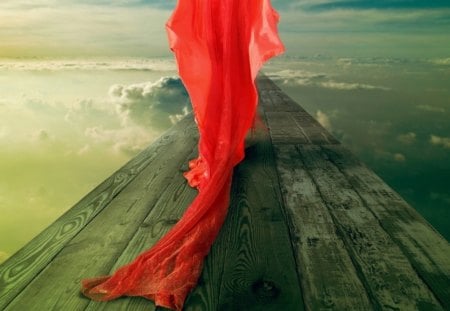 In Quest of her Dreamland - path, dress, red, wood