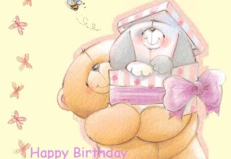 A BIRTHDAY PUPPY - happy birthday, kids, gifts, present, teddies, pink, bears, birthday, ribbons bows, juvenile wallpaper