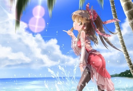 Hot Reimu and Beach - anime, touhou, classic, cool, new, wall