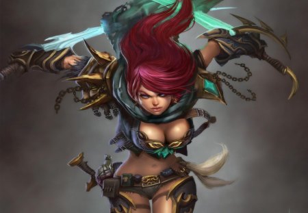 Katarina - fighter, katarina, game, warrior, league of legends, hot, sword, light sword, cool, long hair, armor, red hair, two swords, sexy, gloves