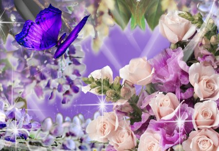 Another Beautiful Day - roses, glitz, bouquet, shine, spring, purple, papillon, lavender, stars, glimmer, summer, sparkle, glow, butterfly, fleurs, flowers, snap dragons