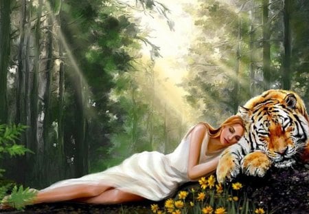 Friends - friends, girl, fantasy, tiger