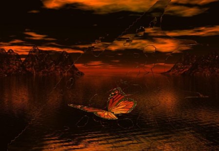 butterfly  flying over water - orange, water, butterfly, clouds