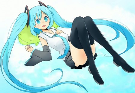 Hatsune Miku - aqua, hot, thigh highs, thighhighs, music, anime girl, stockings, white, laying, amazing, art, cool, aqua eyes, artistic, hatsune miku, sexy, skirt, leggings, song, stunning, vocaloids, program, vocaloid, beautiful, uniform, blush, diva, beauty, nice, twintail, singer, aqua hair, black, virtual, pretty, idol, anime, miku, cute, twin tail, plushie, girl, cg, hatsune, blue, tie, awesome, digital, outfit