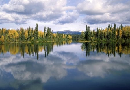 Dragon Lake, Yukon, Canada - clouds, trees, water, smooth, forest, reflection, daylight, canada, nature, autumn, lake, day, sky