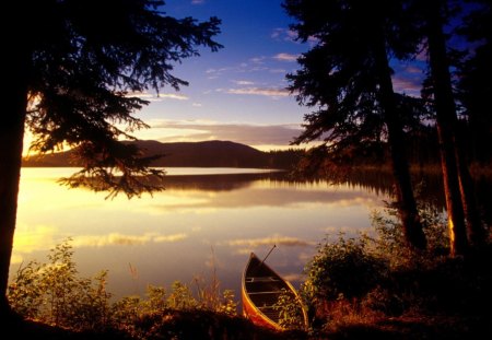 great outdoors canada - lake, trees, sunset, boat