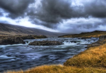 gorgeous river in iceland hdr - clouds, house, river, hdr, holls, rapids