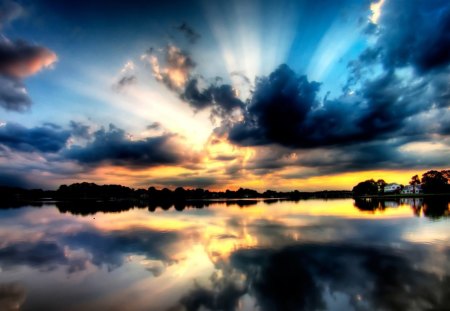 beautiful water and sky - clouds, house, lake, colors, sky