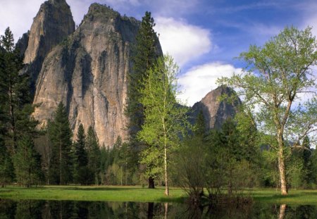 beautiful rocky cliffs - cliffs, lake, grass, trees