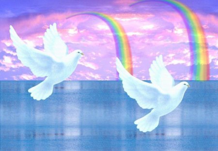 2doves and 2 rainbows - pink clouds, birds, rainbows, water