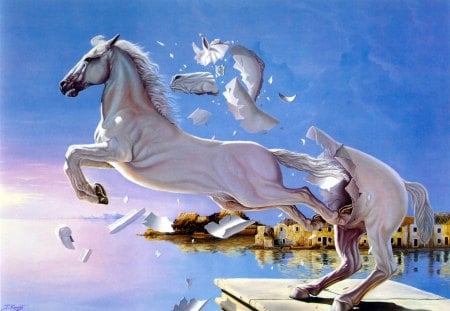 Breaking Free - fantasy, nature, horses, ocean, white horse