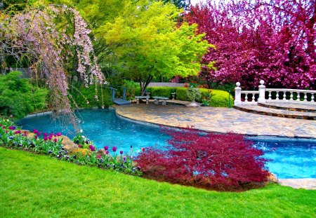 Place to relax - pretty, relax, blossoms, summer, blue, bushes, grass, spring, leaves, garden, paradise, nice, place, trees, water, beautiful, lovely, blooming, rest, pool, green, bridge, park, pleasant