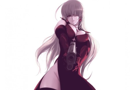 Stardust - gun, lone, female, long hair, anime girl, white background, red eyes, anime, weapon