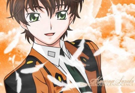 Suzaku Kururugi - clouds, handsome, anime, cute, suzaku kururugi, feathers, orange, code geass