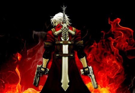 Demon Slayer - sword, trench coat, white hair, anime, guns, lone, weapons, male, devil may cry, fire, flames, games, video games, dmc, dante