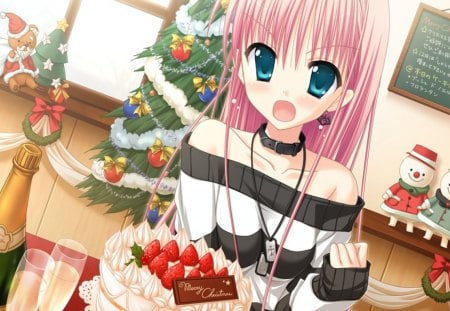 Azuma Yoru - azuma yoru, winter, anime girl, black, christmas, white, cake, anime, food, hatsuyuki sakura