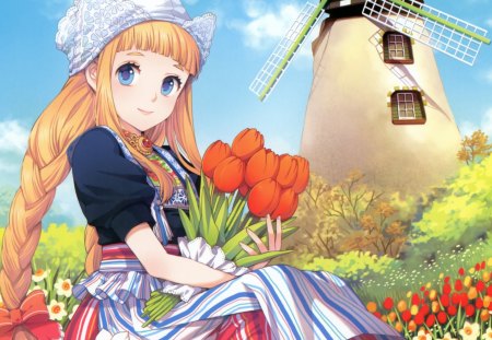 Cute Girl - tulips, girl, blonde, orginal, nardack, long hair, windmill