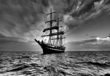 Black & White Sailboat - sail, sailboat, seas, pirate, ship, black and white, ocean