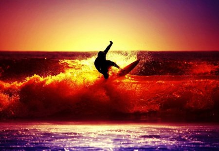 Surfing at Sunset - nature, oceans, surfing, sunset