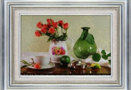 tea,roses & limete - limete, roses, flowers, still life