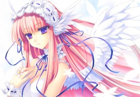 Angel Wings - breasts, wrist cuffs, female, angel, hairband, long hair, purple eyes, ribbon, pink hair, riv, anime girl, hot, cool, angel wings, smile, wings, ring, head wings, sexy