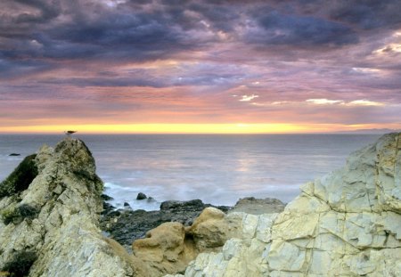 pastel colored rocky beach - rocks, clouds, beach, sea, colors