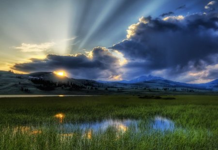 beautiful sunset over marsh - marsh, clouds, sunset, mountains