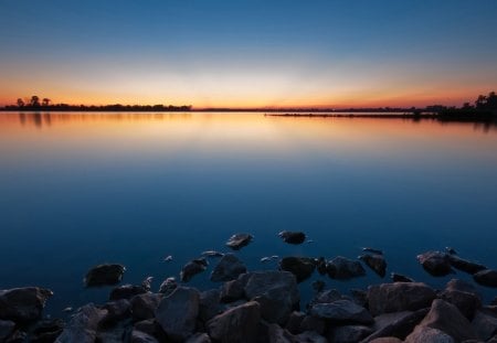 Stillness - nature, lakes, sky, blue, water, orange, sunset