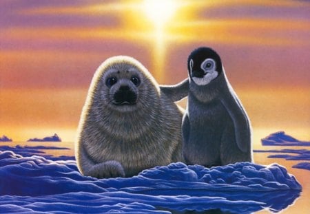 Seal and Penguin Frendship - ice, fantasy, nature, animals, penguin, seal