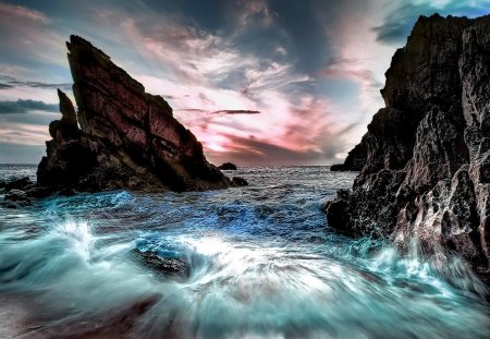 Sunset rocks - summer, sundown, amazing, beach, shore, sky, clouds, water, beautiful, sea, lovely, ocean, stones, colorful, nature, waves, sands, rocks