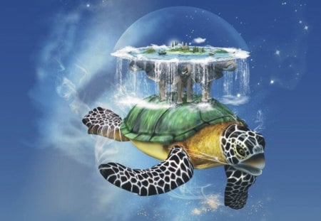 Turtle Fountain - turtle, fantasy, water, nature, fountain, sky, animals