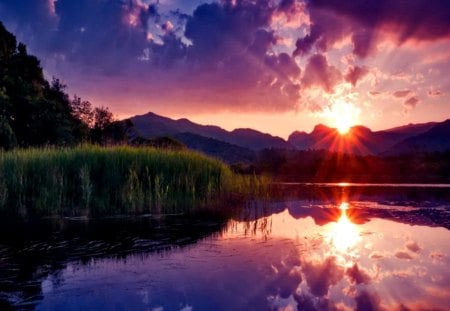 Dazzling sunset - sundown, amazing, sunrise, shore, purple, riverbank, red, lake, sky, sun, clouds, water, beautiful, sunshine, lovely, lakeshore, dazzling, glow, colorful, river, nature, sunset, rays, bright