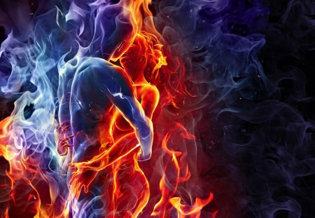 Burning love - love, burning, female, flames, girl, magical, magic, red, boy, blue