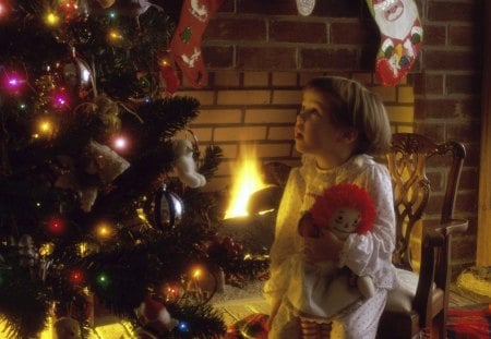 cute christmas time - child, tree, sock, lights