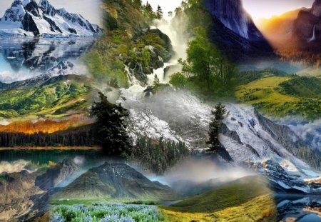 Mountains Majesty - lakes, forest, mountains, melded, valleys, rocks, collage, melted, sky, scenery, trees, sunrise, snow, cold