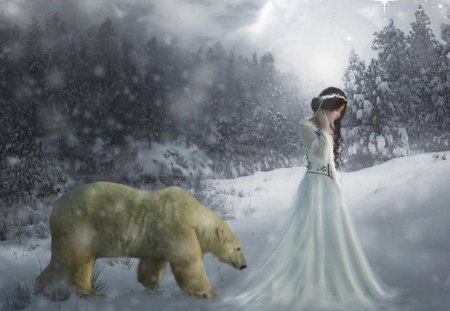 lady winter - girl, trees, bear, snow