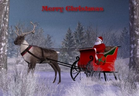 santa and reindeer - snow, trees, sled, deer