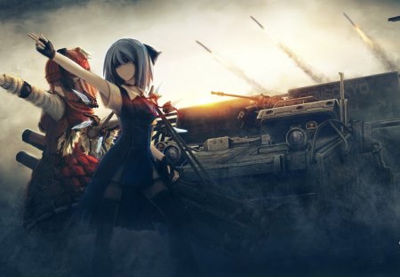 Soldiers - girl, bullet, hair, babes, war, blue, tank, red, soldiers, anime, uniform, short