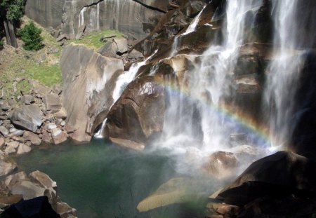 rainbow waterfall - water, falls, trees, rocks