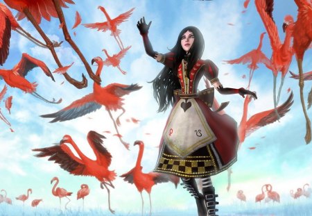 Alice Madness - bird, wonderland, game, red dress, girl, alice, madness