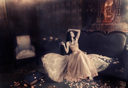 Nostalgia..... - lady, petals, nostalgic, bride, antique, book