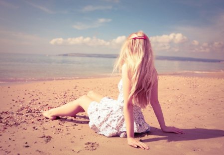 blond girl on a sunny beach - bech, girl, pink hue, blond