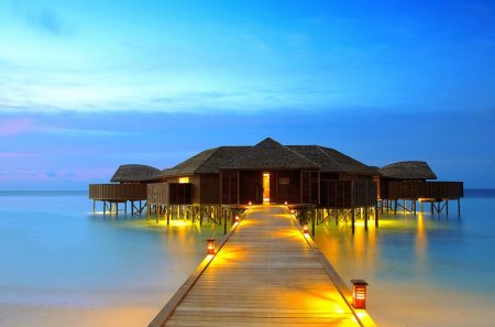 bungalows on the beach at dusk - beach, bungalows, pier, dusk