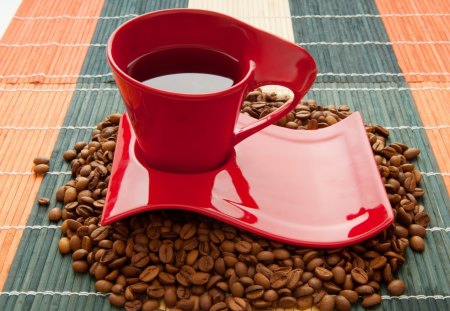 Red Cup of Coffee - beans, coffee, cup, red