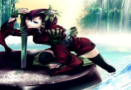 Munakata Girl - sword, japanese clothes, hot, anime girl, bamboo, gloves, munakata girl, cool, water, short hair, thighhighs, short kimono, purple hair, fingerless, sexy, female, blue eyes